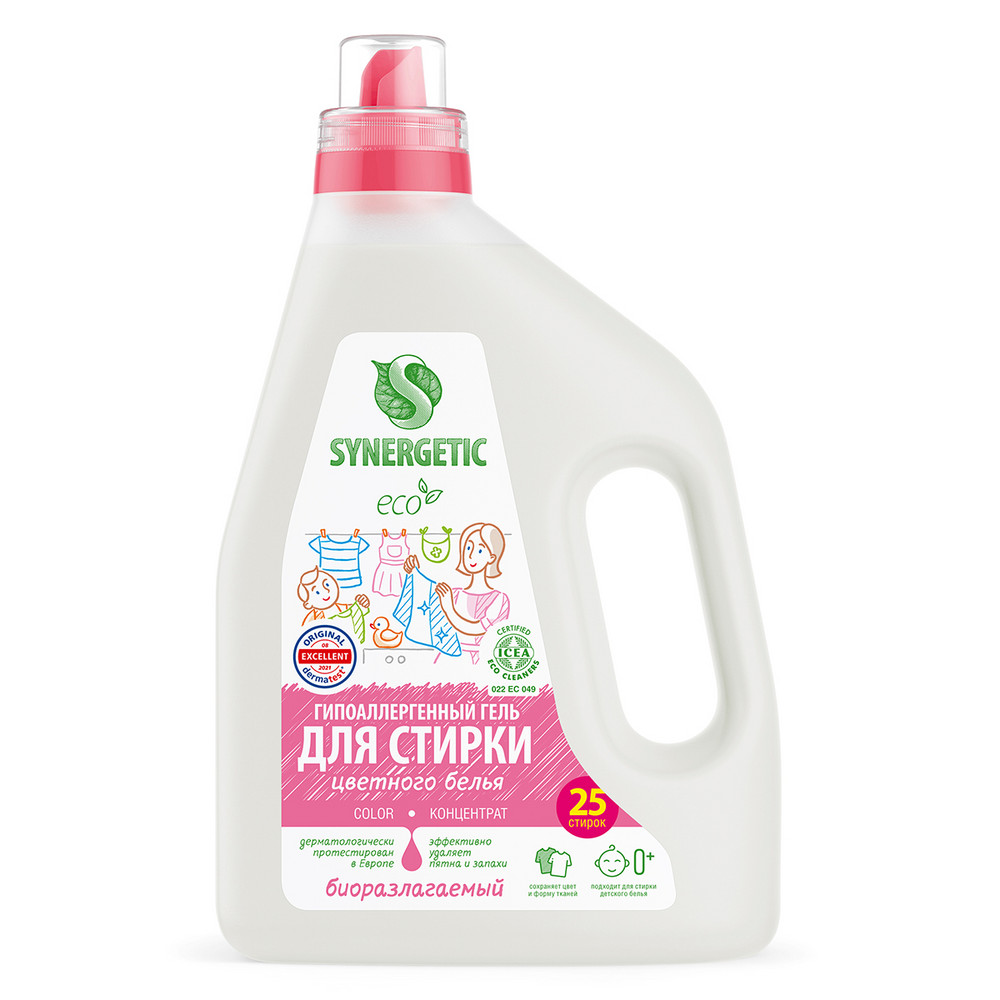 Гель для стирки цветного белья Synergetic Color концентрат, гипоаллергенный, 0+, 1,5 л, 25 стирок