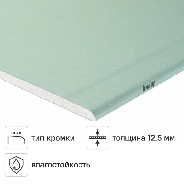 Гипсокартон влагостойкий 12.5 мм Knauf 2500x1200 мм 3 м²