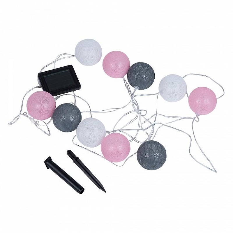 Гирлянда на солнечных батареях Uniel COTTON BALLS-1 UL-00011593 цвет плафона/подвески Белый, Розовый, Серый, цвет арматуры Черный