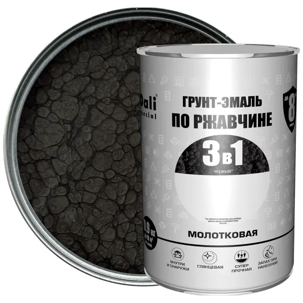 Грунт-эмаль по ржавчине 3 в 1 Dali Special молотковая цвет чёрный 0.9 кг