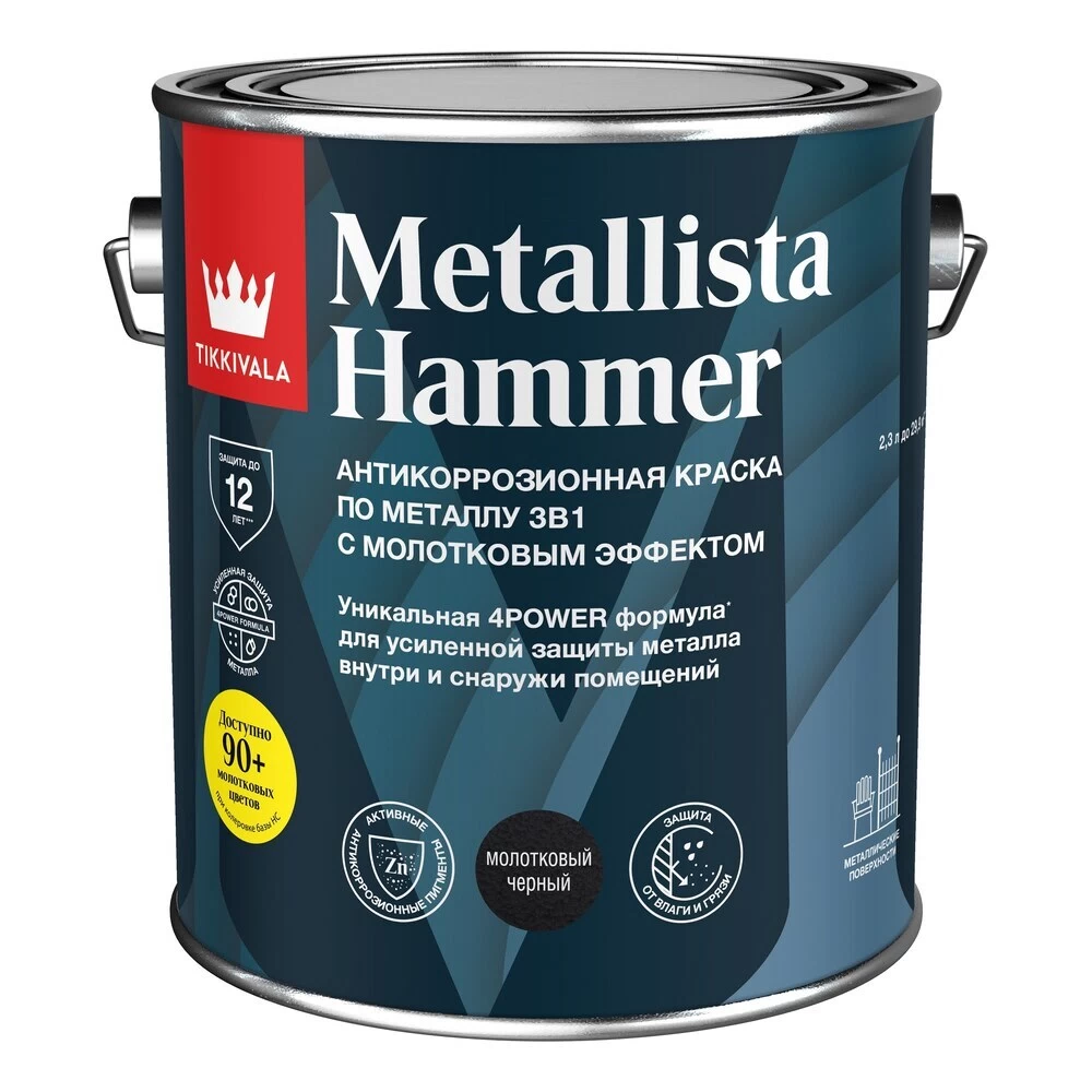 Грунт-эмаль по ржавчине Tikkivala Metallista Hammer черная молотковая глянцевая 2,3 л