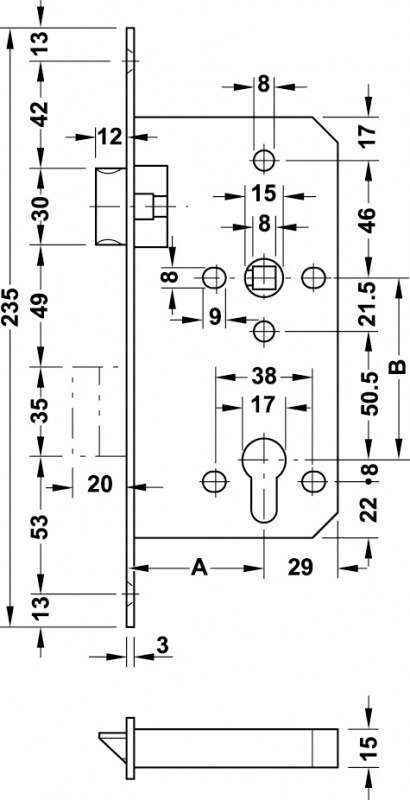 Hafele Замок врезной PZ, нержавеющая сталь матовая, 55/20 911.02.151