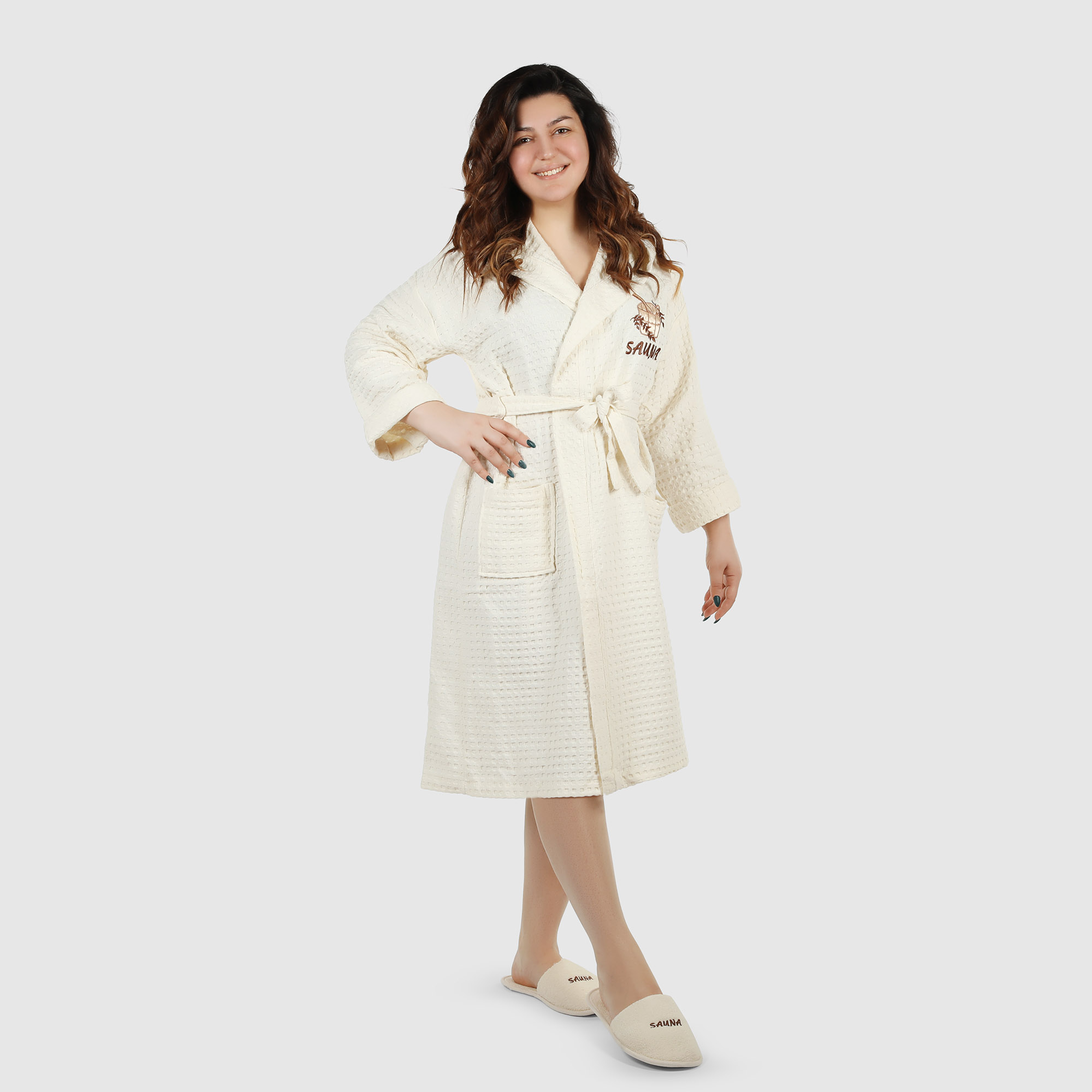 Халат женский Asil sauna beige xxxl вафельный с капюшоном