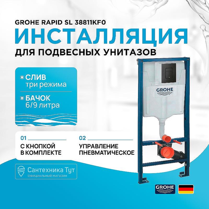 Инсталляция Grohe Rapid SL 38811KF0 для унитаза с Черной матовой клавишей смыва