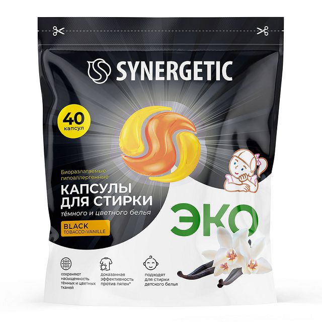 капсулы для стирки SYNERGETIC Black Табак Ваниль 40х12г