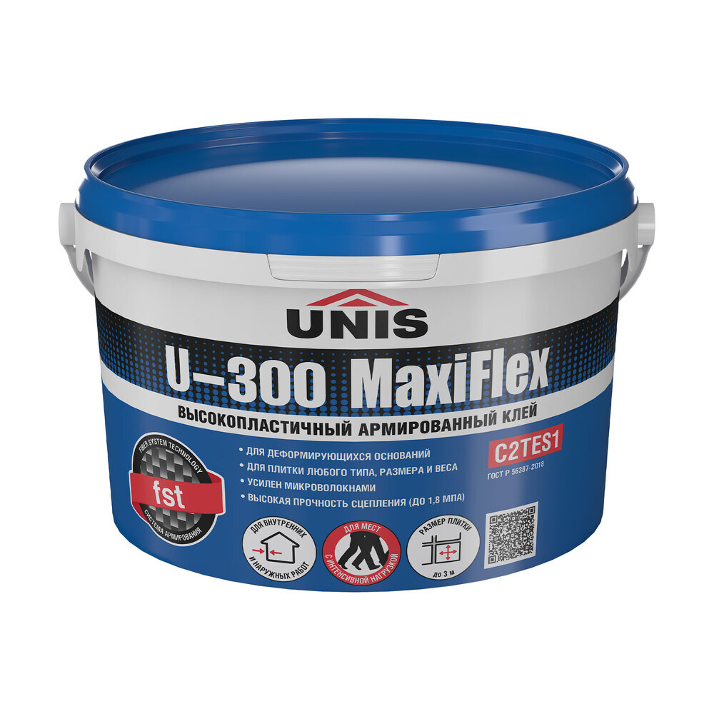 Клей для плитки/ керамогранита/ камня Unis Maxiflex U-300 эластичный армированный серый класс C2 TE S1 5 кг