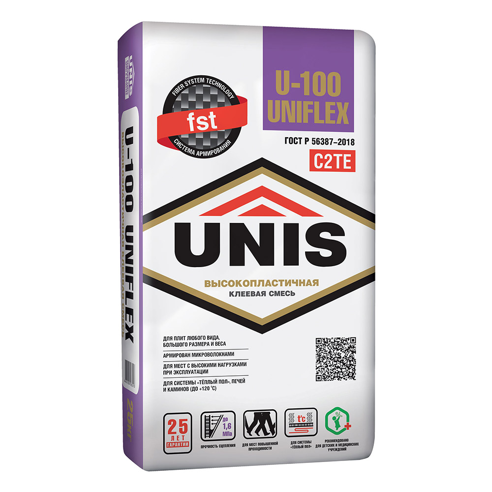 Клей для плитки/ керамогранита/ камня Unis U-100 PolymerGEL серый класс C2 TE 25 кг