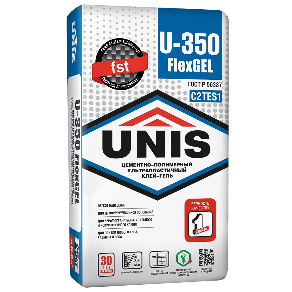 Клей для плитки/ керамогранита/ камня Unis U-350 FlexGEL эластичный армированный серый класс C2 TE S1 25 кг