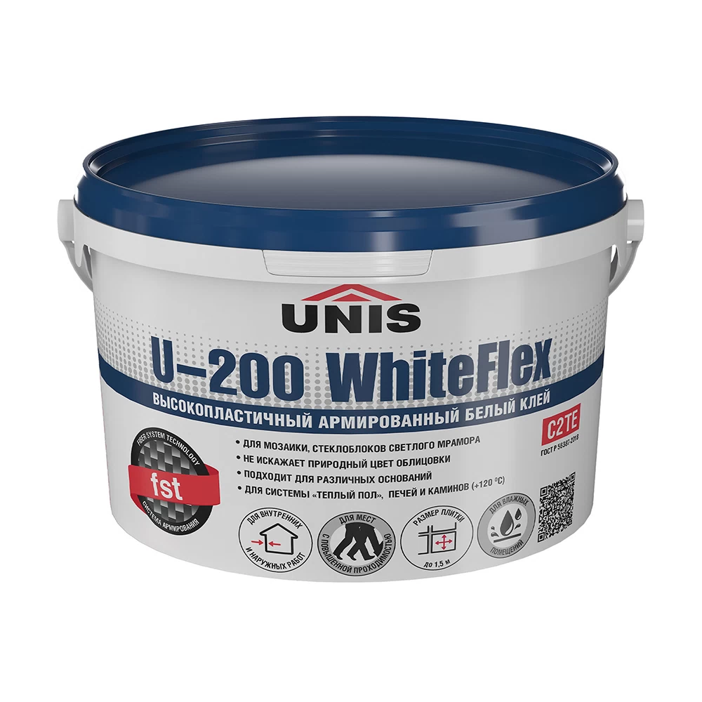 Клей для плитки/ керамогранита/ камня Unis WhiteFlex U-200 высокоэластичный армированный белый класс C2 TE 5 кг