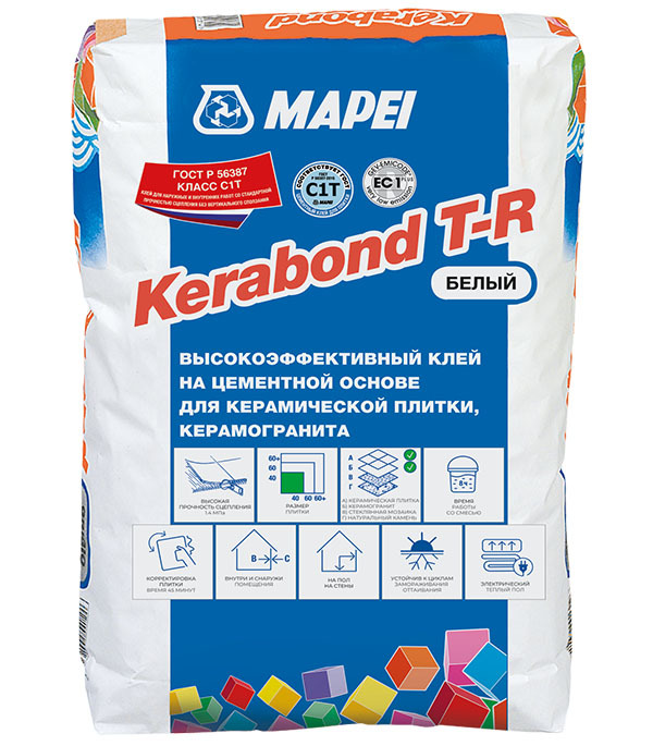 Клей для плитки/ керамогранита/ мозаики/ камня Mapei Kerabond T-R высокопрочный белый класс C1 T 25 кг