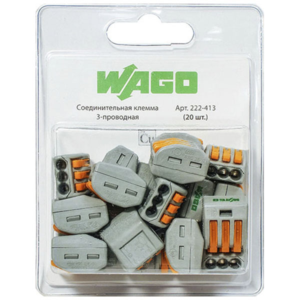 Клемма на 3 провода Wago 222-413 0,08-2,5 кв. мм с рычажками без пасты (20 шт.)