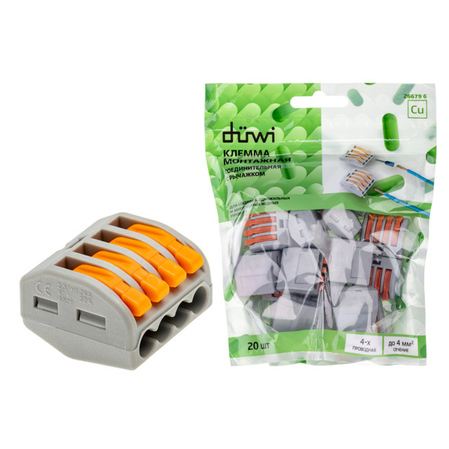 клемма рычажковая DUWI 4-проводная СМК 222-414 4 кв.мм 20шт серая