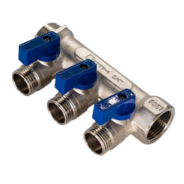коллектор 3 выхода CTM 3/4" х 1/2" НР латунь с отсекающими кранами