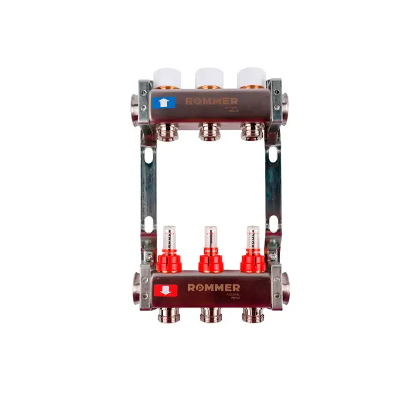 Коллектор с расходомером Rommer 1"x3/4" 3 выхода нержавеющая сталь RMS-1200-000003