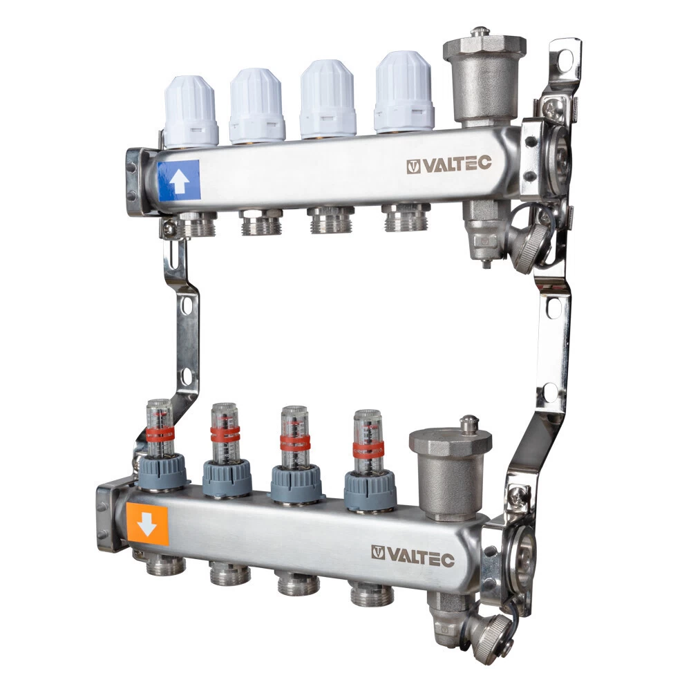 Коллекторная группа с расходомерами нержавеющая сталь Valtec 1 ВР(г) х 5 выходов 3/4 НР(ш) ЕК х 1 ВР(г)