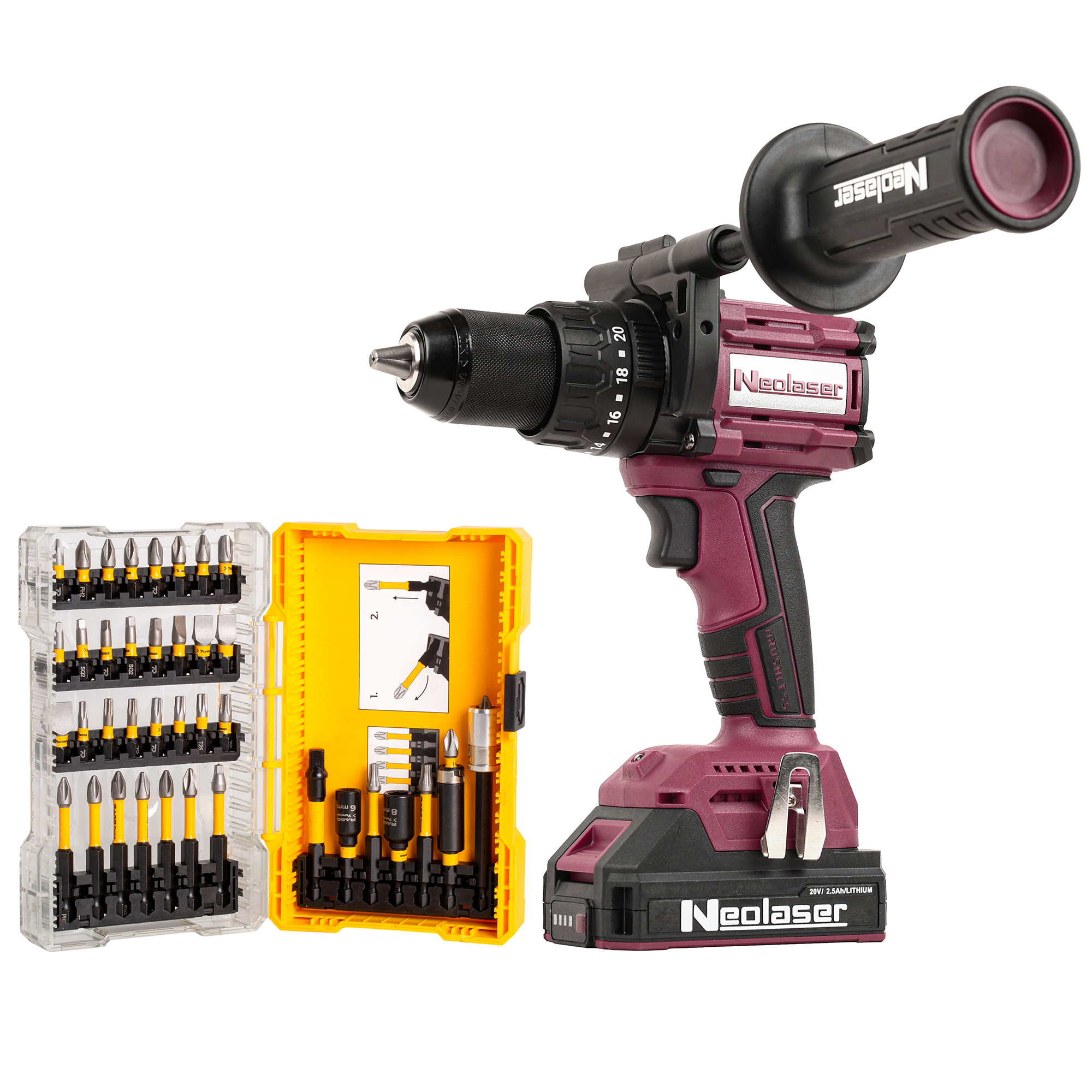 Комплект Дрель-шуруповерт аккумуляторная Neolaser NCDB-150 NL, 20 В Li-Ion 2x2.5 Ач набором бит