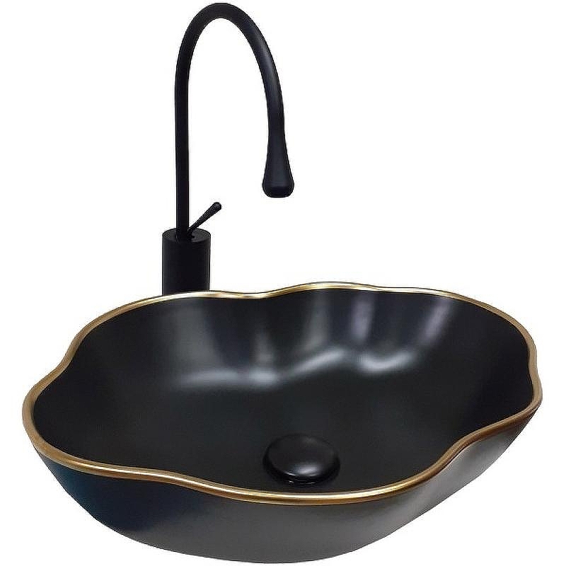 Комплект раковины-чаши Bronze de Luxe 50 1395 со смесителем Сканди 9015B Черная с золотым ободом