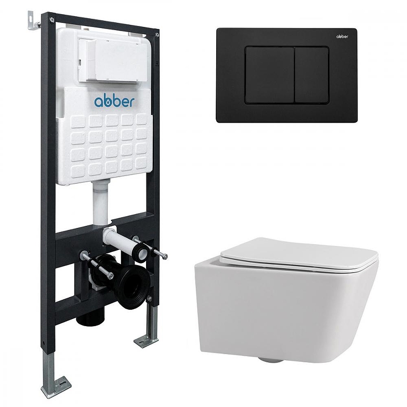 Комплект унитаза Abber Rechteck AC1201-AC0105-AC0120MB с сиденьем Микролифт и клавишей смыва цвет Черный матовый