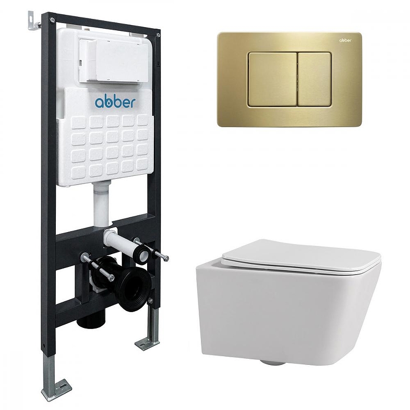 Комплект унитаза Abber Rechteck AC1201-AC0105-AC0120MMG с сиденьем Микролифт и клавишей смыва цвет Золото матовое