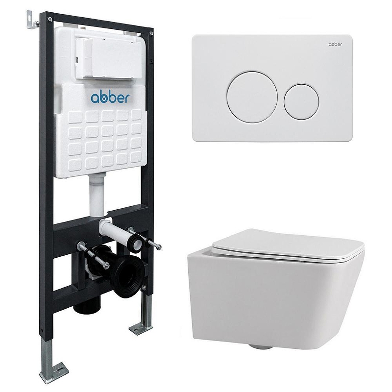 Комплект унитаза Abber Rechteck AC1201-AC0105-AC0121MW с сиденьем Микролифт и клавишей смыва цвет Белая матовая