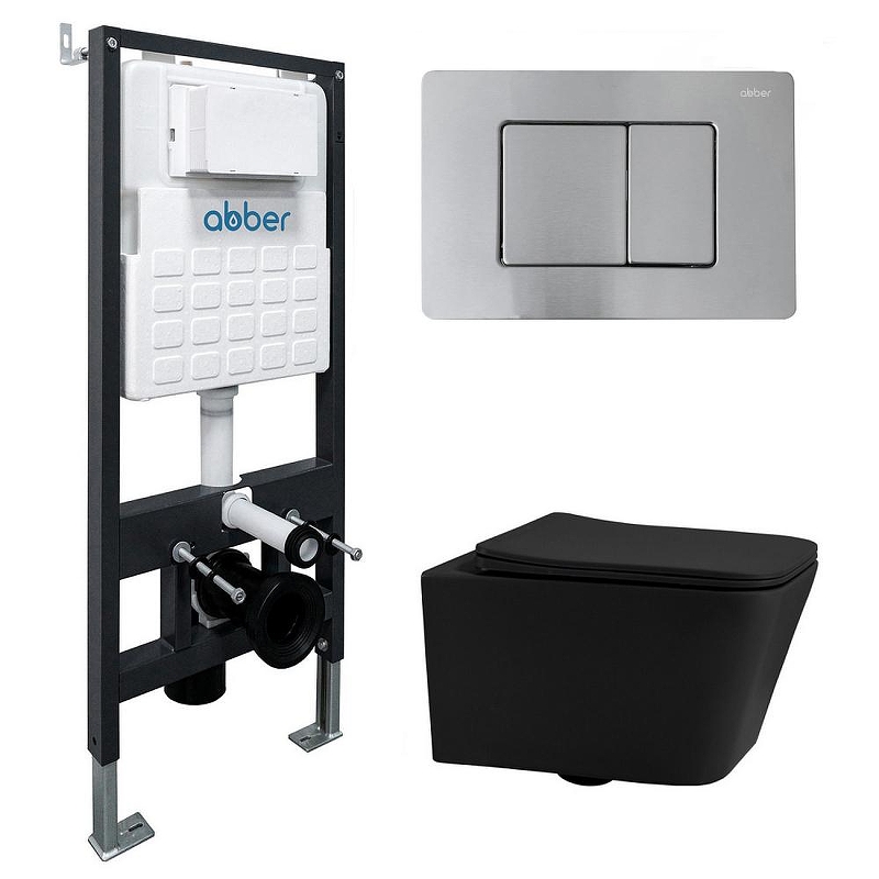 Комплект унитаза Abber Rechteck AC1201MB-AC0105-AC0120MCH с сиденьем Микролифт и клавишей смыва цвет Матовый хром