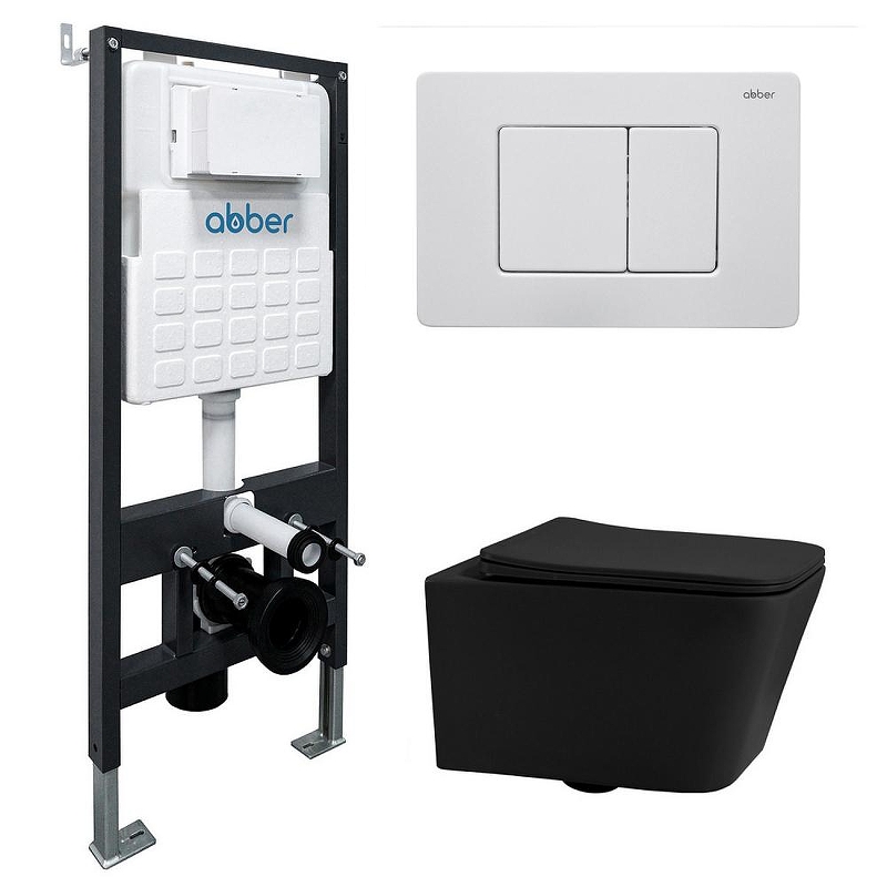 Комплект унитаза Abber Rechteck AC1201MB-AC0105-AC0120MW с сиденьем Микролифт и клавишей смыва цвет Белая матовая