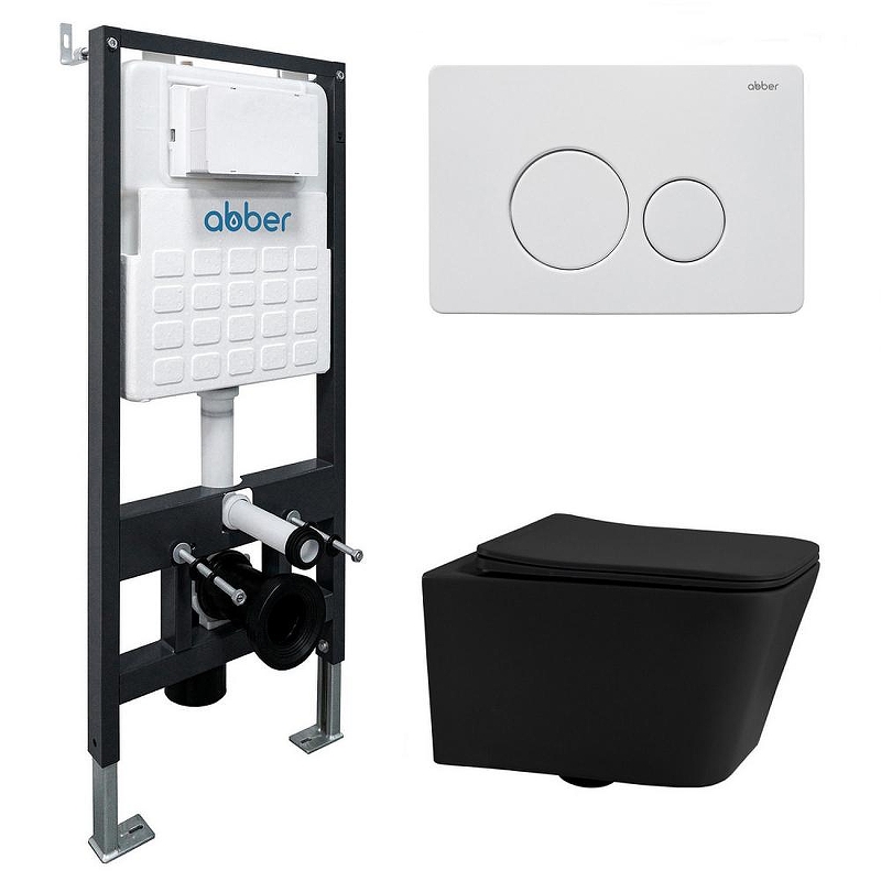 Комплект унитаза Abber Rechteck AC1201MB-AC0105-AC0121MW с сиденьем Микролифт и клавишей смыва цвет Белая матовая
