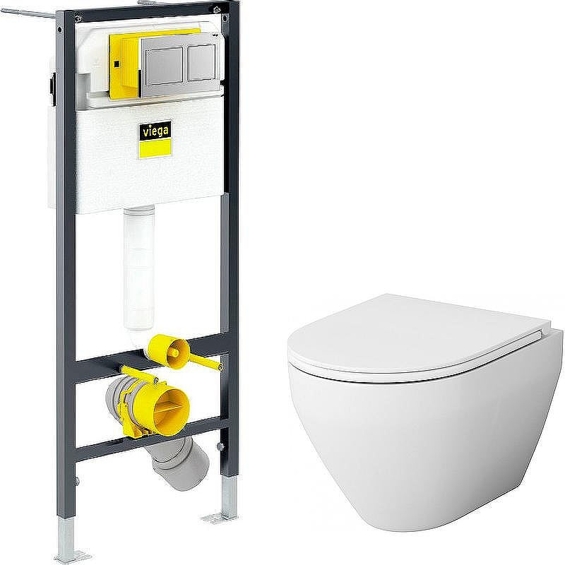 Комплект унитаза AM.PM Spirit FlashClean C701700WH+C707857WH с инсталляцией Viega Prevista Dry 8524.14 792596 с сиденьем Микролифт и клавишей смыва Хром