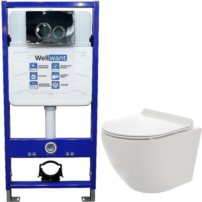 Комплект унитаза AQUAme AQM2002 с инсталляцией WellWant Standart 50 WWISI1110B с сиденьем Микролифт и клавишей смыва Хром глянцевый