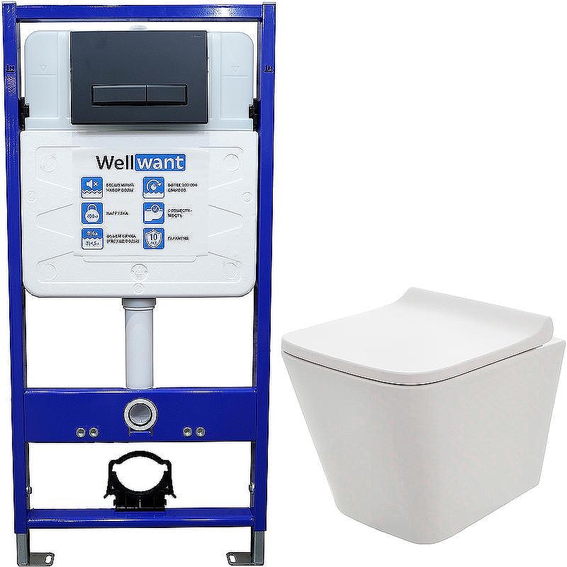 Комплект унитаза AQUAme AQM2004 с инсталляцией WellWant Standart 50 WWISI111BB с сиденьем Микролифт и Черной матовой клавишей смыва