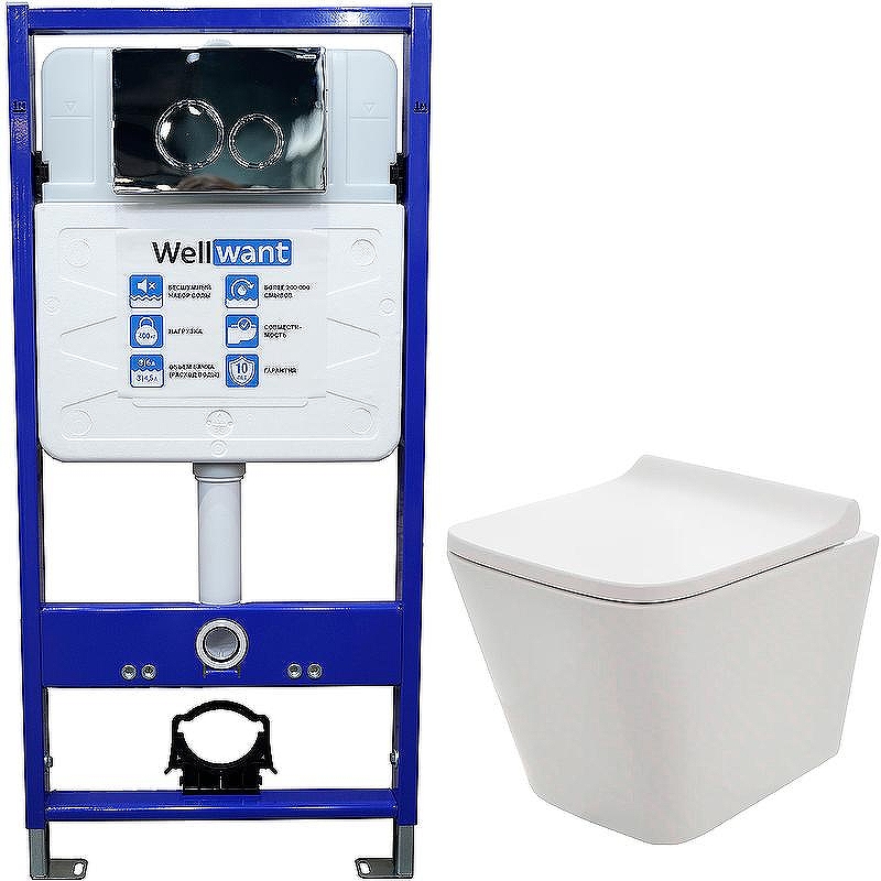 Комплект унитаза AQUAme AQM2004 с инсталляцией WellWant Standart 50 WWISI1110B с сиденьем Микролифт и клавишей смыва Хром глянцевый