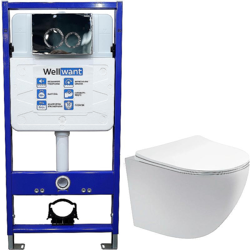 Комплект унитаза Aquatek Европа AQ1900-00 с инсталляцией WellWant Standart 50 WWISI1110B с сиденьем Микролифт и клавишей смыва Хром глянцевый