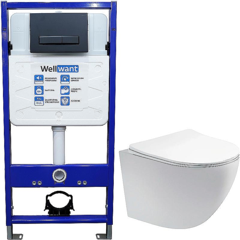 Комплект унитаза Aquatek Европа AQ1900-00 с инсталляцией WellWant Standart 50 WWISI111BB с сиденьем Микролифт и Черной матовой клавишей смыва