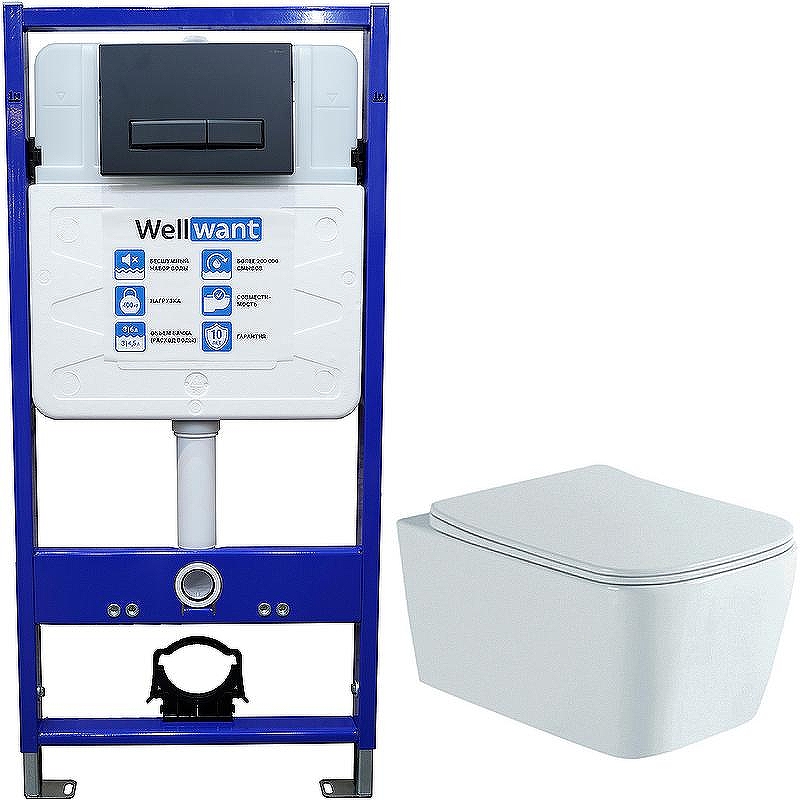 Комплект унитаза Aquatek Либра New AQ1148N-00 с инсталляцией WellWant Standart 50 WWISI111BB с сиденьем Микролифт и Черной матовой клавишей смыва