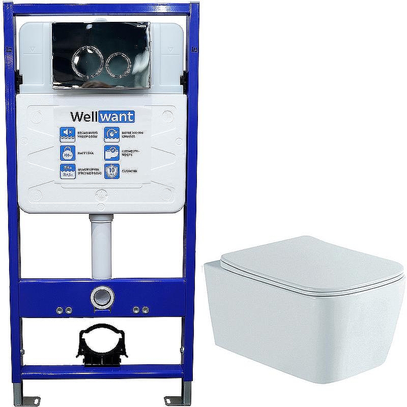 Комплект унитаза Aquatek Либра New AQ1148N-00 с инсталляцией WellWant Standart 50 WWISI1110B с сиденьем Микролифт и клавишей смыва Хром глянцевый