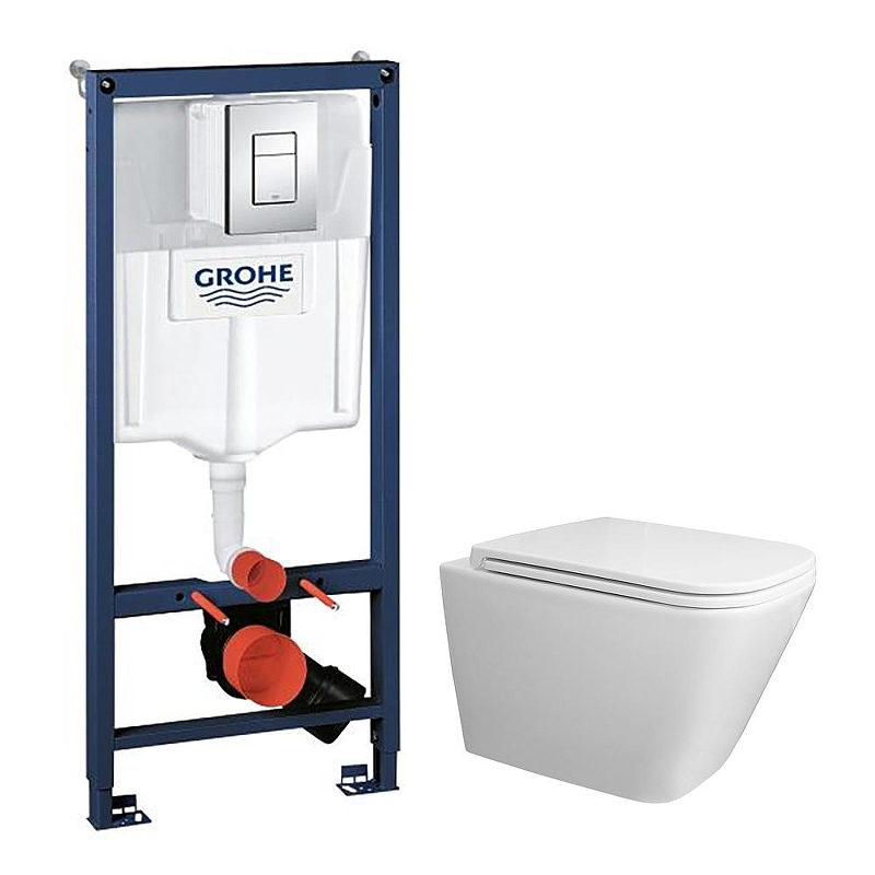 Комплект унитаза Azario AZ-0052-UQ3 с инсталляцией Grohe Rapid 38772001 цвет Белый с сиденьем Микролифт и клавишей смыва цвет Хром