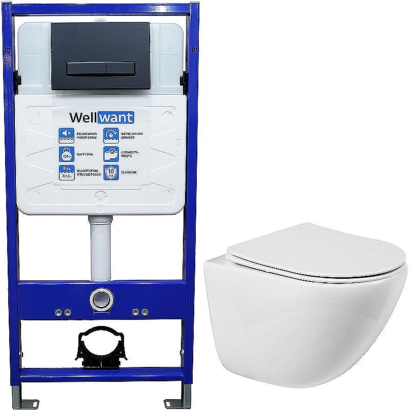 Комплект унитаза BelBagno Amanda BB051CHR+BB051SC с инсталляцией WellWant Standart 50 WWISI111BB с сиденьем Микролифт и Черной матовой клавишей смыва