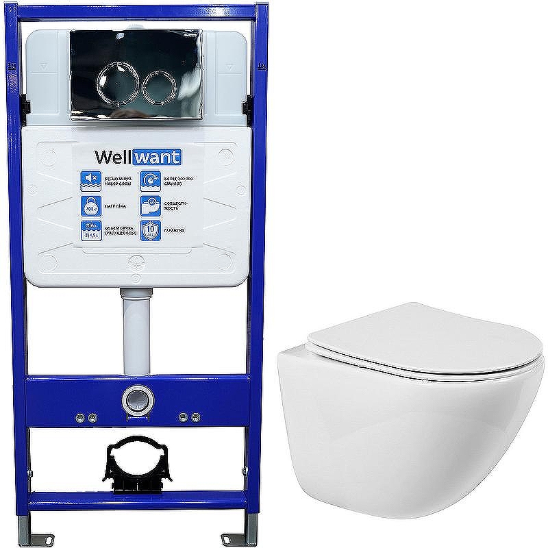Комплект унитаза BelBagno Amanda BB051CHR+BB051SC с инсталляцией WellWant Standart 50 WWISI1110B с сиденьем Микролифт и клавишей смыва Хром глянцевый