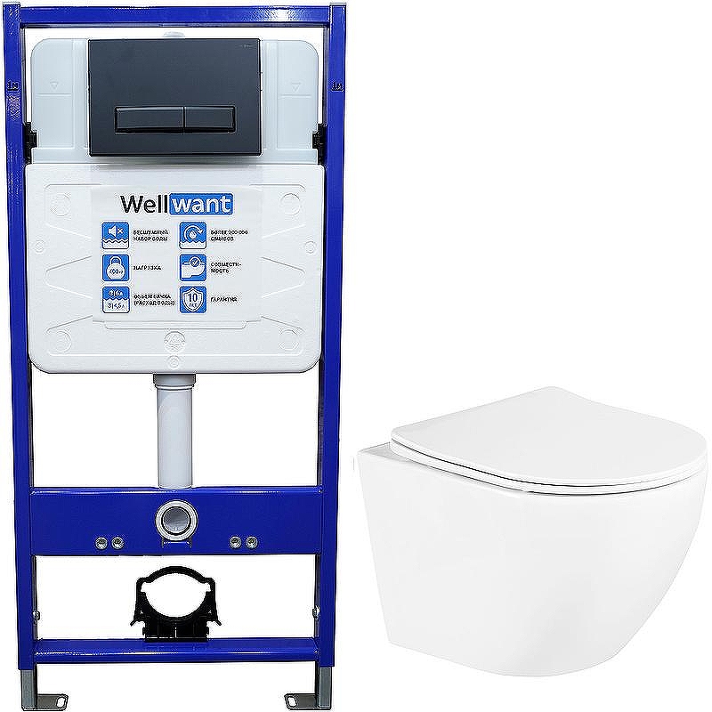 Комплект унитаза BelBagno Uno BB3105CHR/SC с инсталляцией WellWant Standart 50 WWISI111BB с сиденьем Микролифт и Черной матовой клавишей смыва