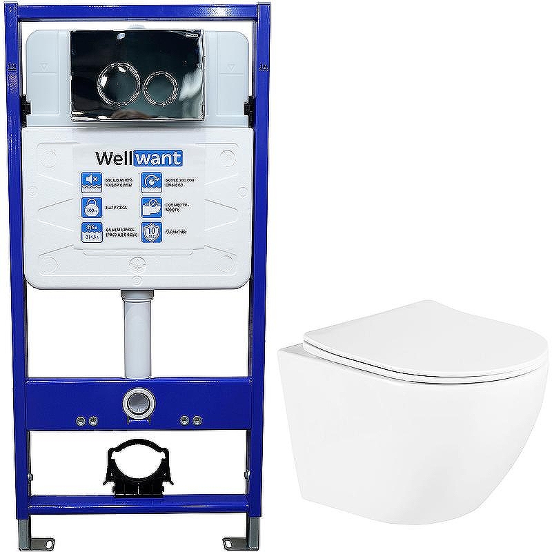 Комплект унитаза BelBagno Uno BB3105CHR/SC с инсталляцией WellWant Standart 50 WWISI1110B с сиденьем Микролифт и клавишей смыва Хром глянцевый