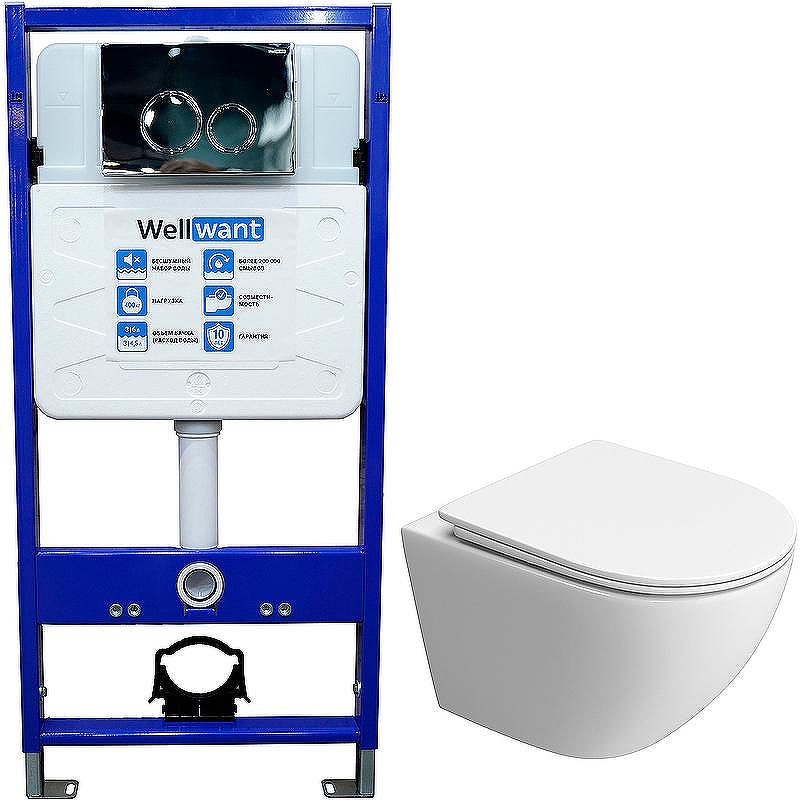 Комплект унитаза BelBagno Uno-Tor BB5177CH-TOR/SC с инсталляцией WellWant Standart 50 WWISI1110B с сиденьем Микролифт и клавишей смыва Хром глянцевый