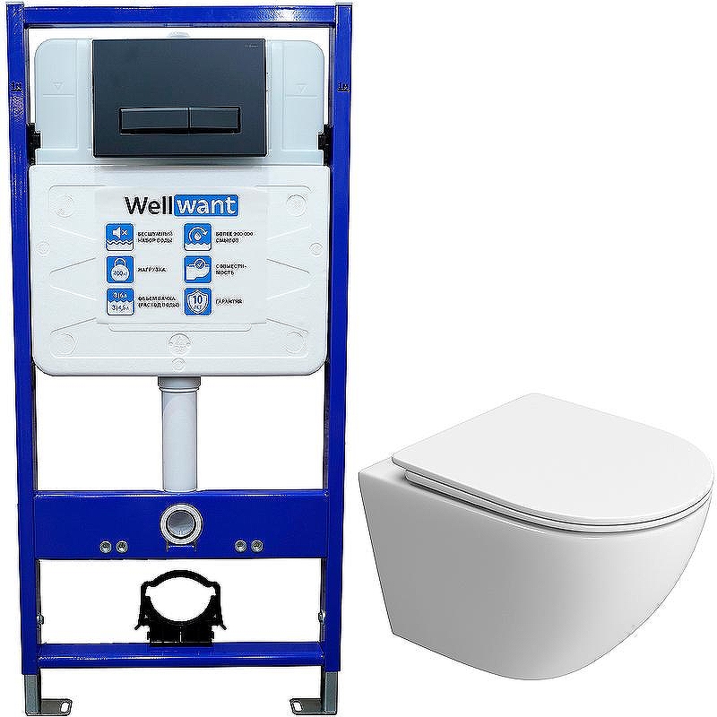 Комплект унитаза BelBagno Uno-Tor BB5177CH-TOR/SC с инсталляцией WellWant Standart 50 WWISI111BB с сиденьем Микролифт и Черной матовой клавишей смыва