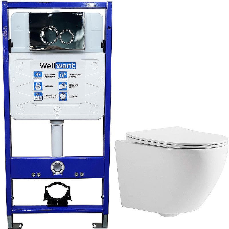 Комплект унитаза CeramaLux 2197 с инсталляцией WellWant Standart 50 WWISI1110B с сиденьем Микролифт и клавишей смыва Хром глянцевый