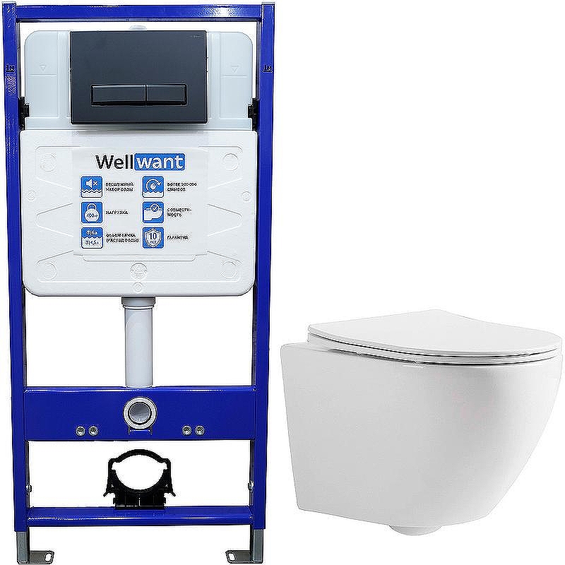 Комплект унитаза CeramaLux 2197 с инсталляцией WellWant Standart 50 WWISI111BB с сиденьем Микролифт и Черной матовой клавишей смыва