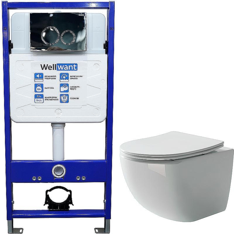Комплект унитаза Ceramicanova Forma CN3009 с инсталляцией WellWant Standart 50 WWISI1110B с сиденьем Микролифт и клавишей смыва Хром глянцевый