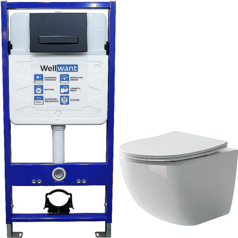 Комплект унитаза Ceramicanova Forma CN3009 с инсталляцией WellWant Standart 50 WWISI111BB с сиденьем Микролифт и Черной матовой клавишей смыва