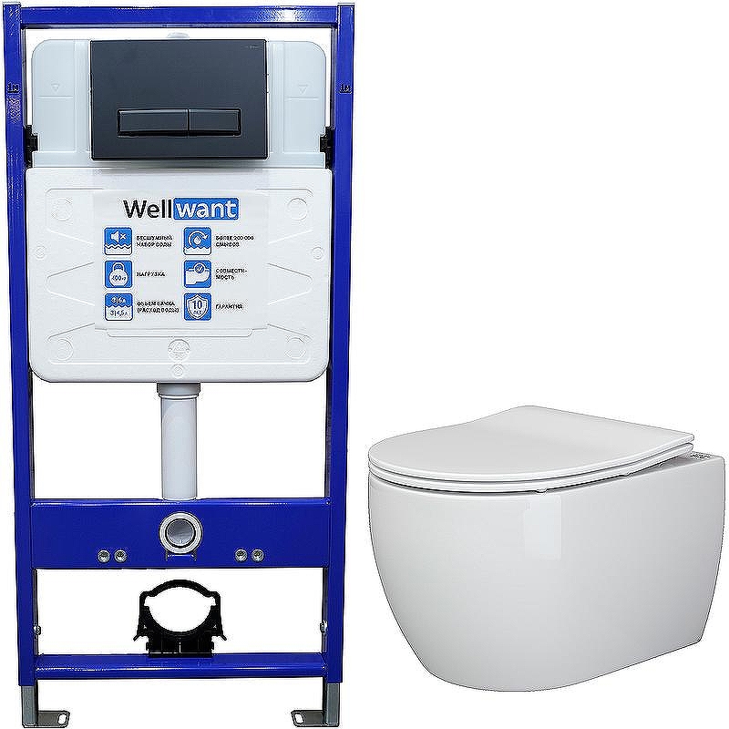 Комплект унитаза Ceramicanova Play CN3001 с инсталляцией WellWant Standart 50 WWISI111BB с сиденьем Микролифт и Черной матовой клавишей смыва