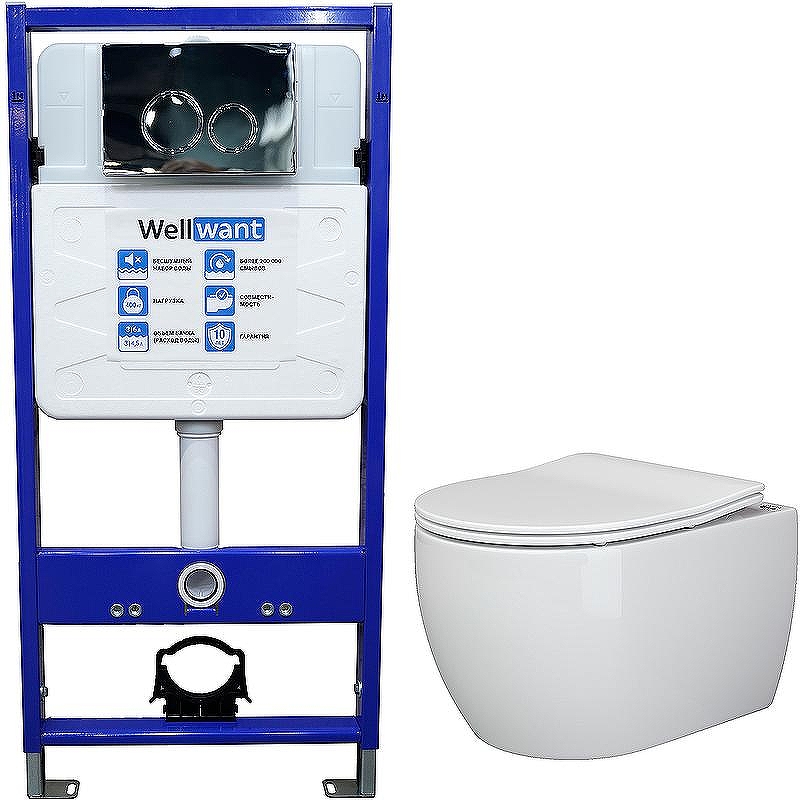 Комплект унитаза Ceramicanova Play CN3001 с инсталляцией WellWant Standart 50 WWISI1110B с сиденьем Микролифт и клавишей смыва Хром глянцевый