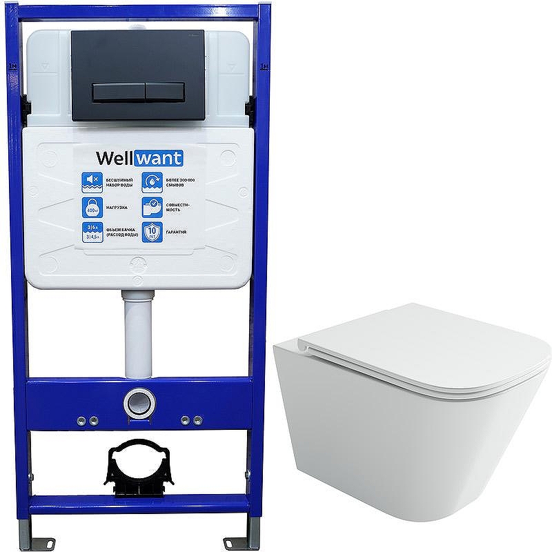 Комплект унитаза Ceramicanova Union CN4009T с инсталляцией WellWant Standart 50 WWISI111BB с сиденьем Микролифт и Черной матовой клавишей смыва