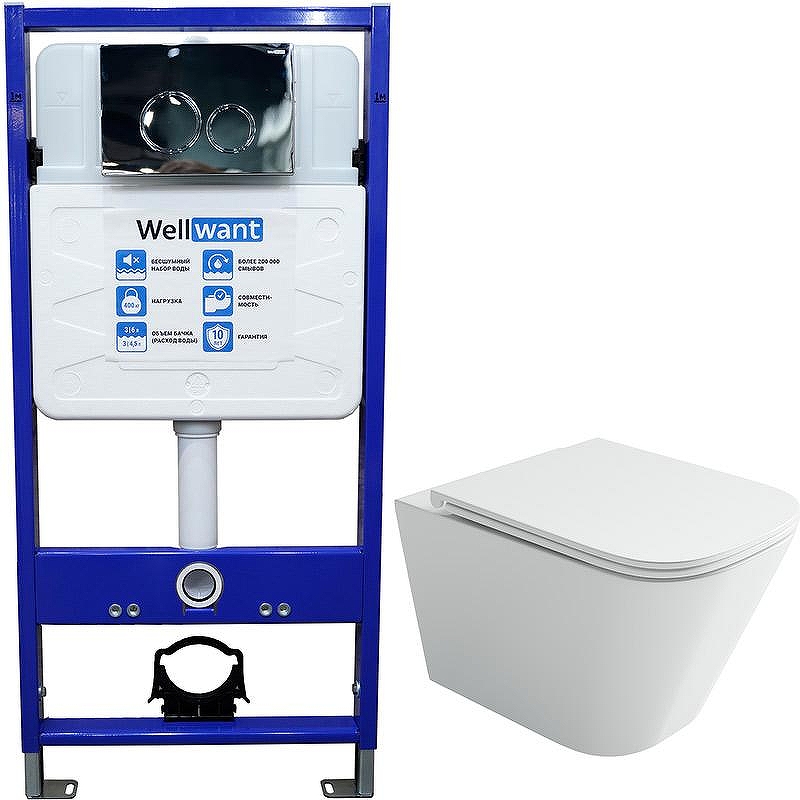 Комплект унитаза Ceramicanova Union CN4009T с инсталляцией WellWant Standart 50 WWISI1110B с сиденьем Микролифт и клавишей смыва Хром глянцевый